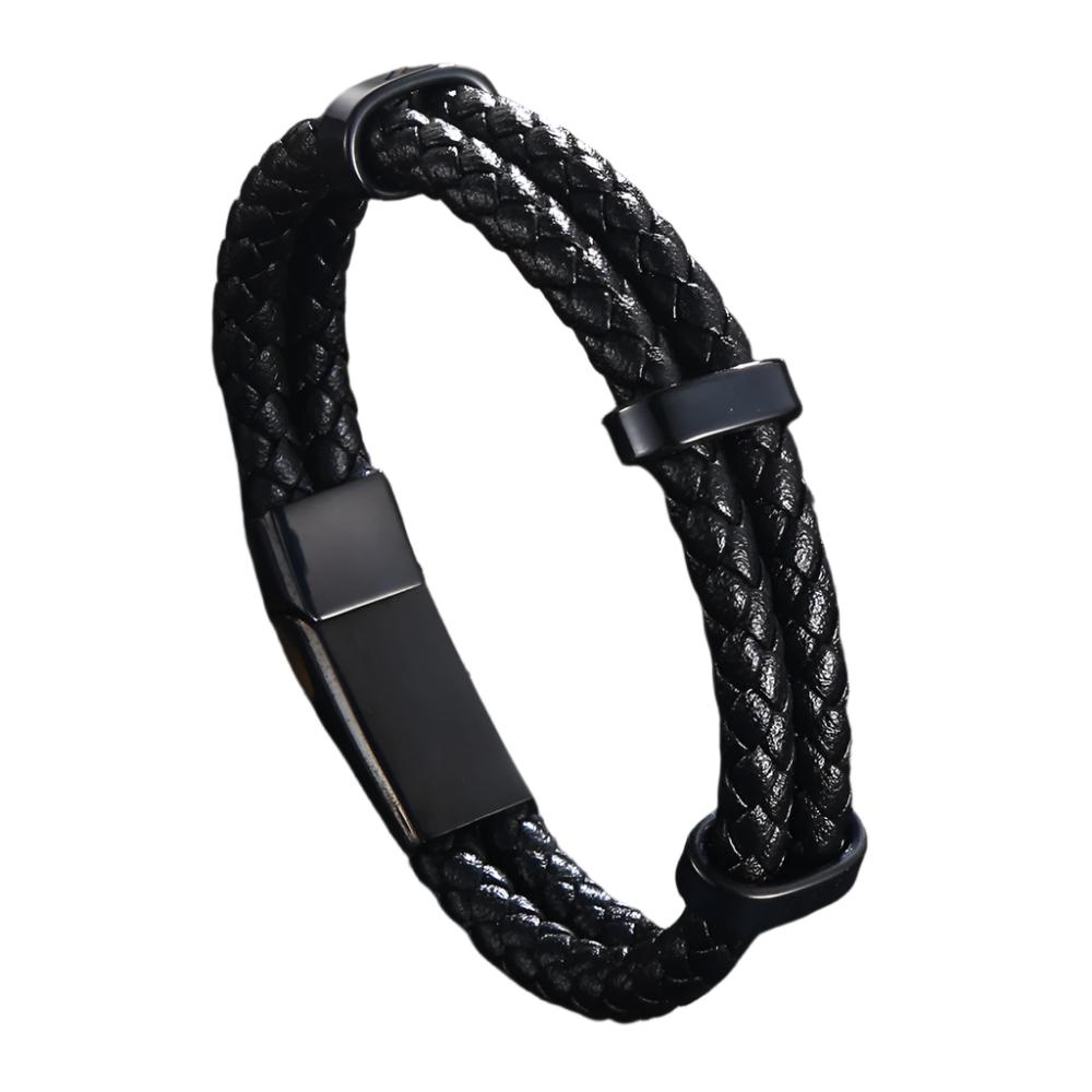 Leather Bracelet - Black PU Leather Cord Bracelet with Steel