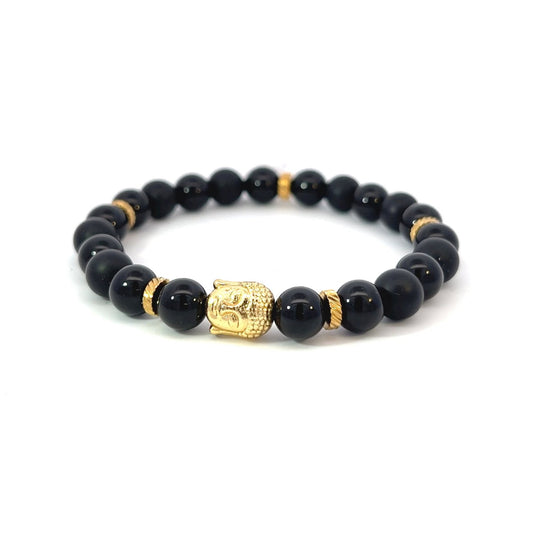 Bead Bracelet - Onyx with Gold Plated Pacers and Buddha Centerpiece