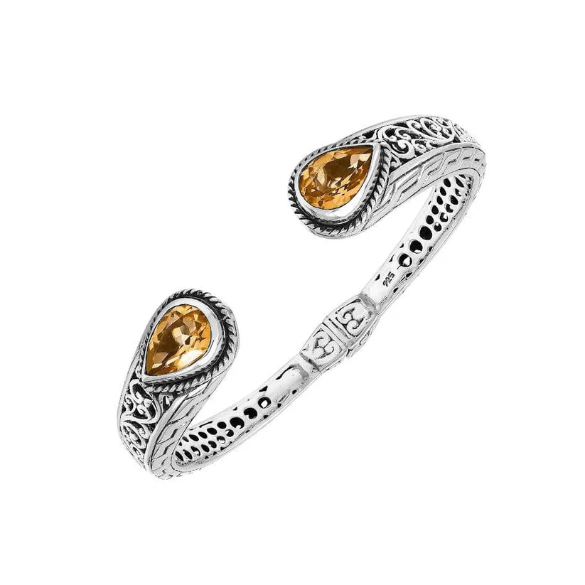 Bracelet - Sterling Silver Citrine Quartz Teardrop Bangle With Ornate Bali Engraving