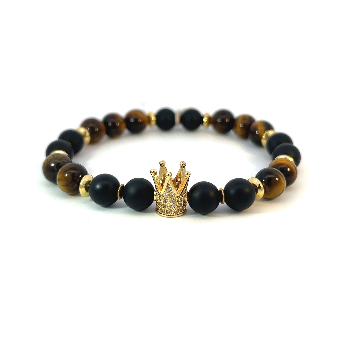 Bead Bracelet - Matte Onyx and Tiger Eye with Pavé Crown Centerpiece