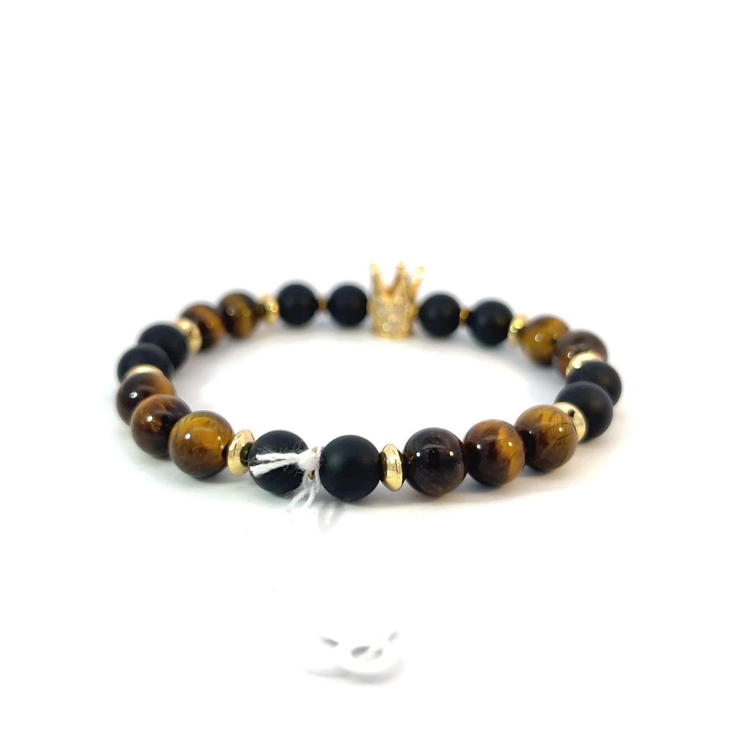 Bead Bracelet - Matte Onyx and Tiger Eye with Pavé Crown Centerpiece