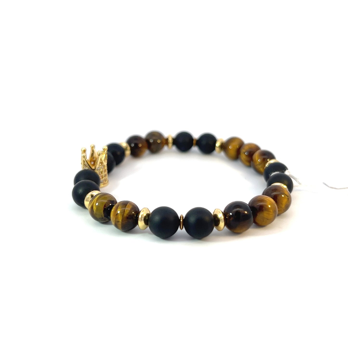 Bead Bracelet - Matte Onyx and Tiger Eye with Pavé Crown Centerpiece