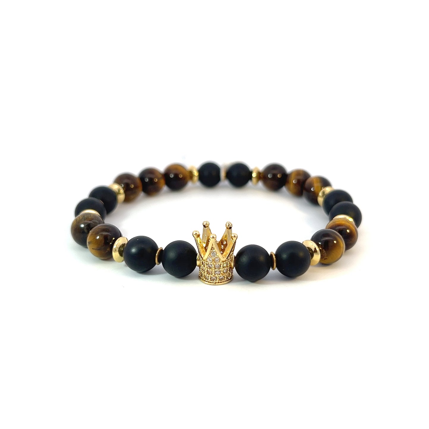 Bead Bracelet - Matte Onyx and Tiger Eye with Pavé Crown Centerpiece