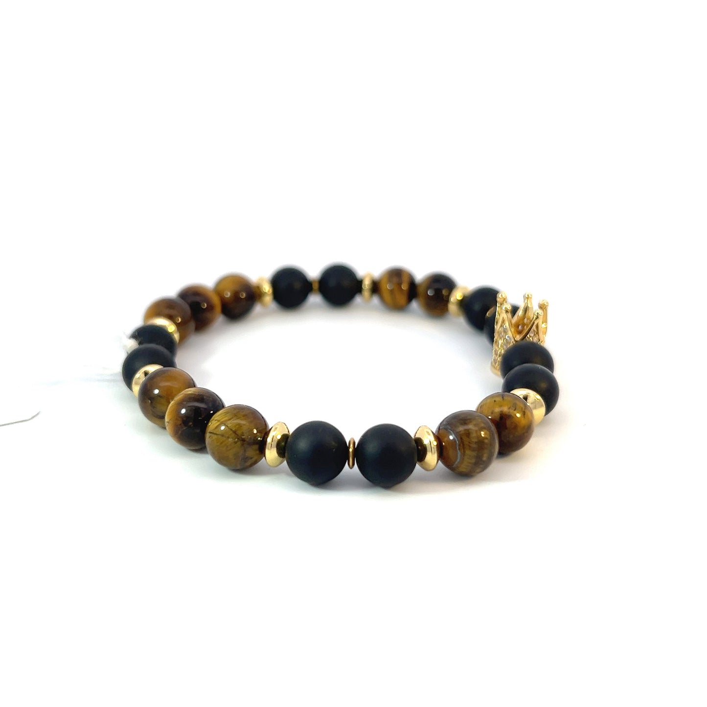 Bead Bracelet - Matte Onyx and Tiger Eye with Pavé Crown Centerpiece
