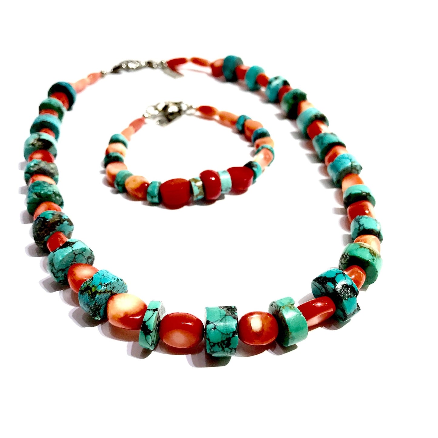 Bead Bracelet - Coral & Turquoise Bracelet - $ 55.00 Sterling silver Clasp - Bachi Jewels