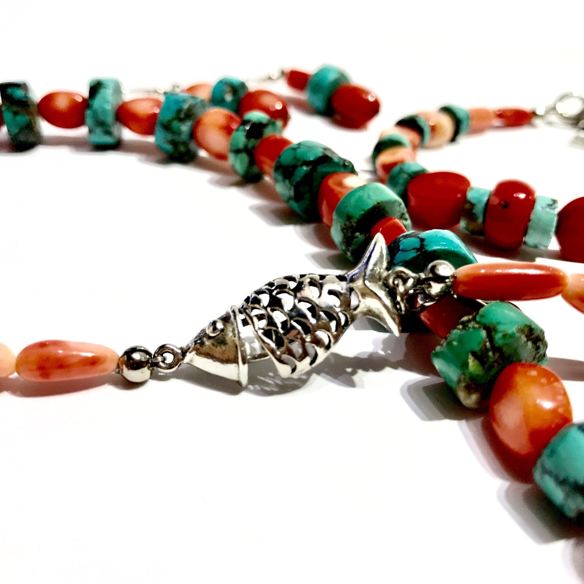 Bead Bracelet - Coral & Turquoise Bracelet - $ 55.00 Sterling silver Clasp - Bachi Jewels
