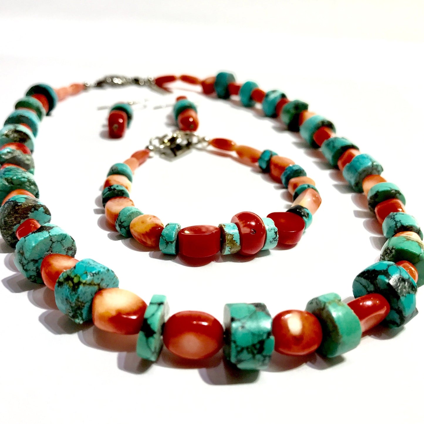 Bead Bracelet - Coral & Turquoise Bracelet - $ 55.00 Sterling silver Clasp - Bachi Jewels