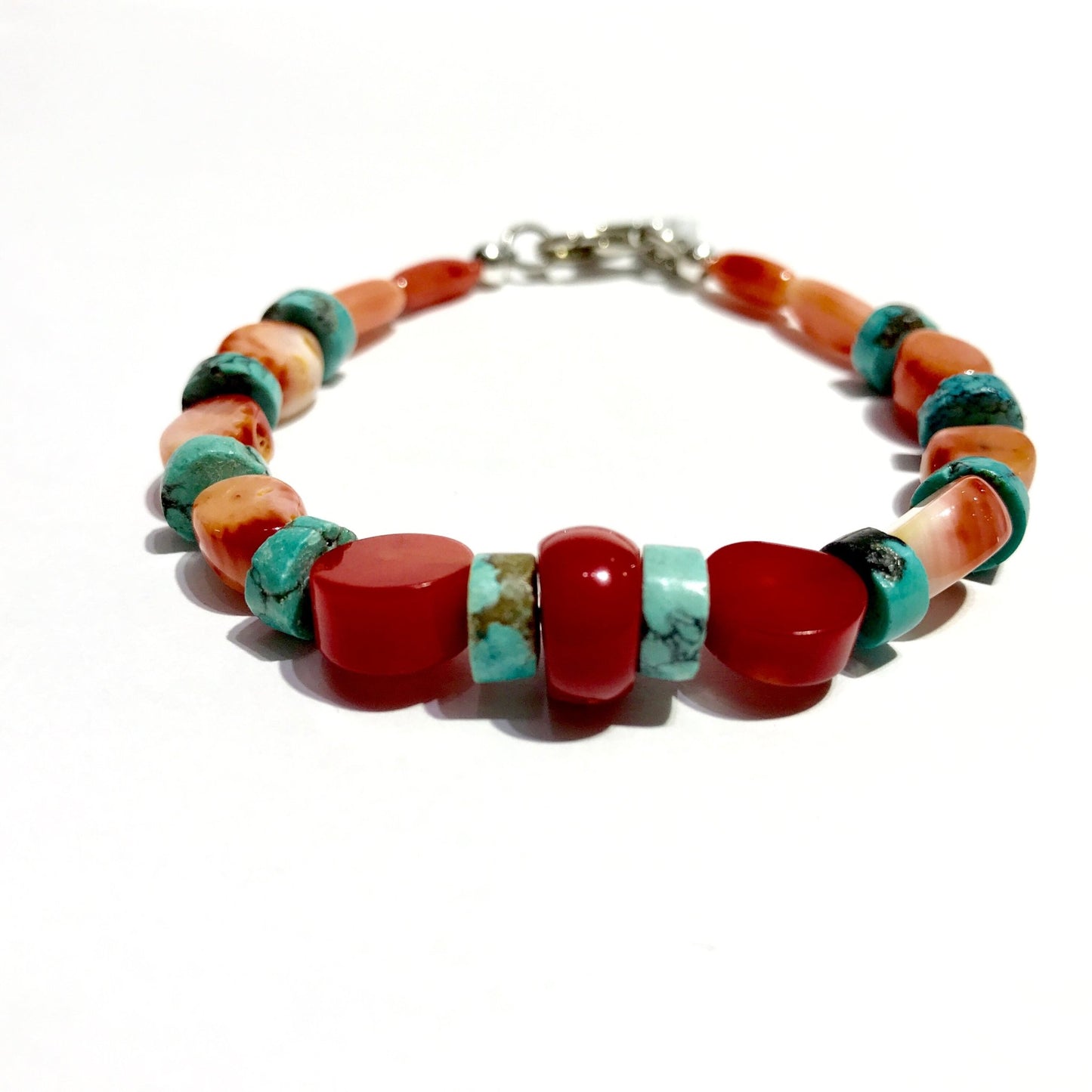 Bead Bracelet - Coral & Turquoise Bracelet - $ 55.00 Sterling silver Clasp - Bachi Jewels