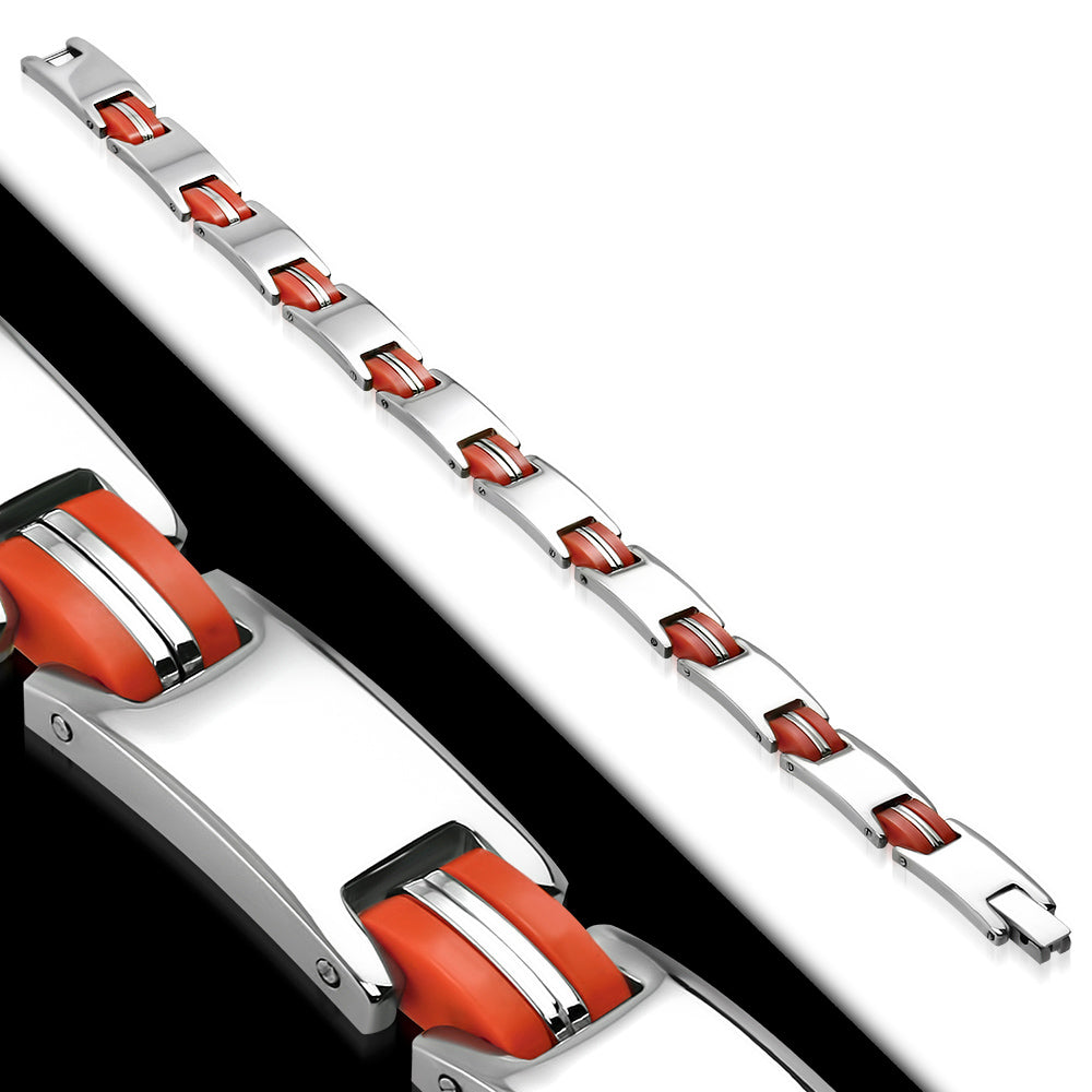 Bracelets Steel - W/ Red Rubber 2-Tone Engravable Panther Link