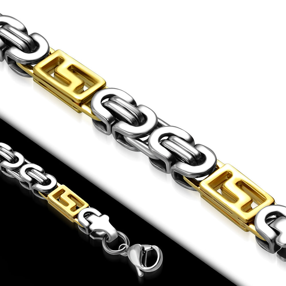 Bracelet Steel - Lobster Claw Clasp-Tone Cut-Out Greek Key Byzantine Link Chain