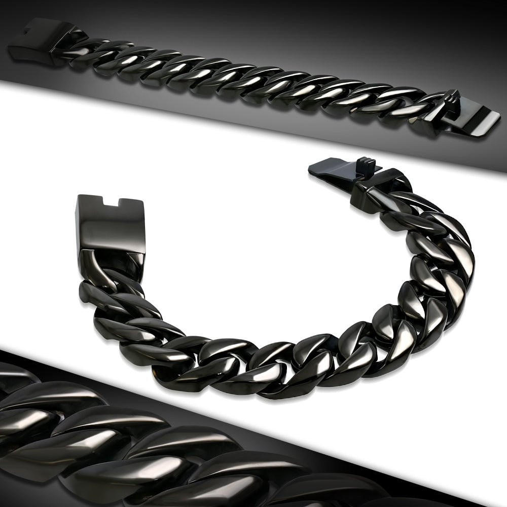 Bracelet - Huge & Heavy Black Stainless Steel Curb Cuban Link Box Clasp Lock