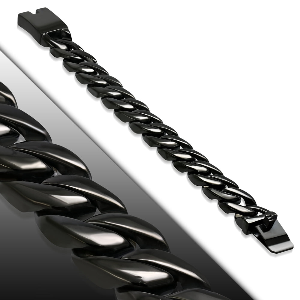 Bracelet - Huge & Heavy Black Stainless Steel Curb Cuban Link Box Clasp Lock