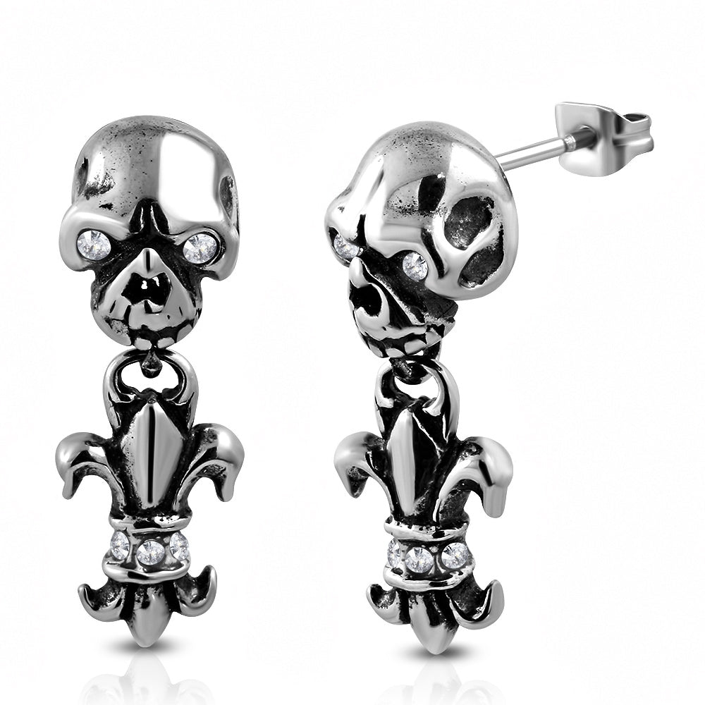 Earrings-Steel 2-tone Skull Fleur De Lis - GEC026