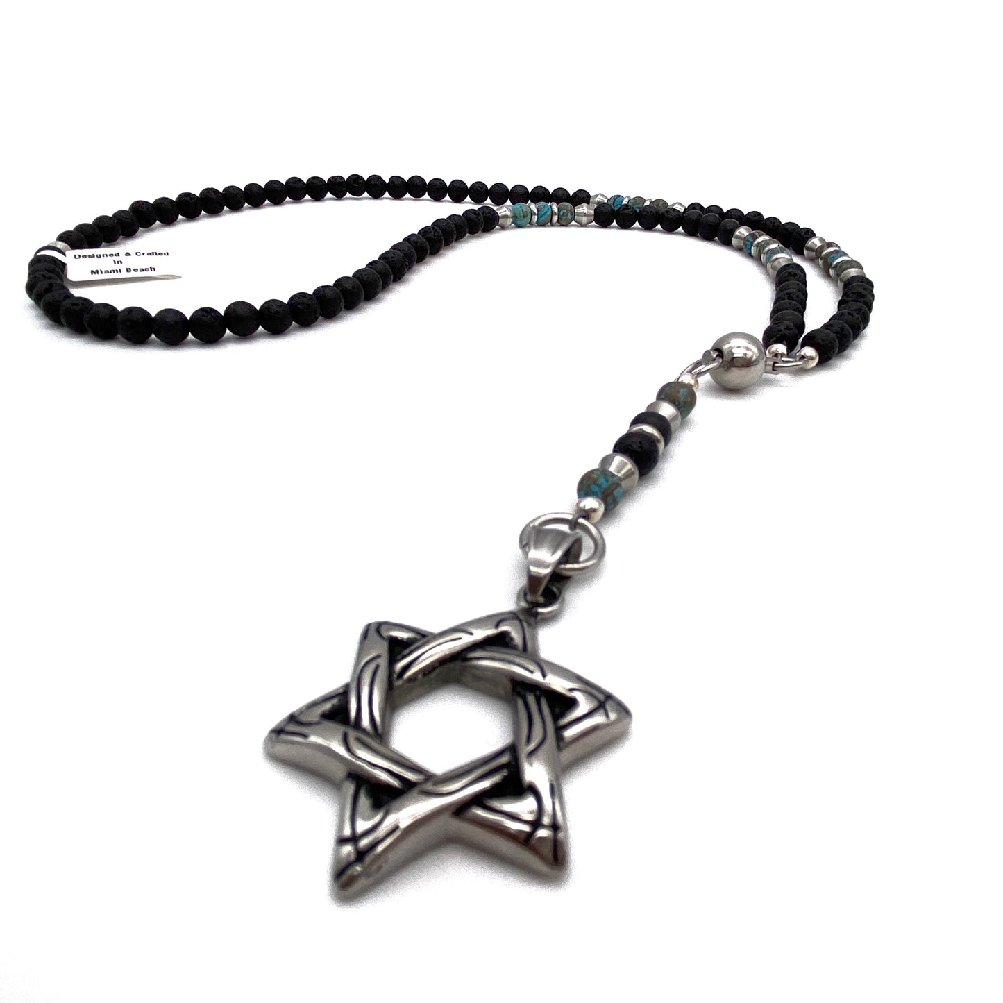 Rosary - Blue Calsilica Jasper with Lava stones and Star of David Pendant
