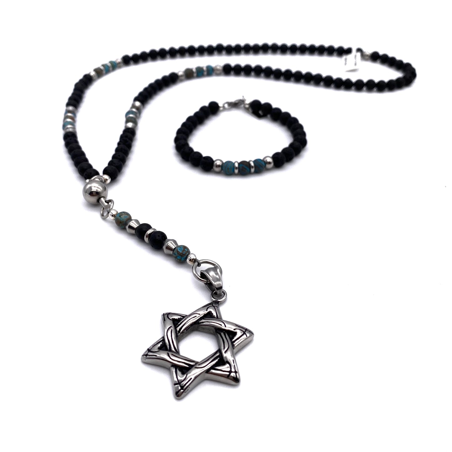 Rosary - Blue Calsilica Jasper with Lava stones and Star of David Pendant