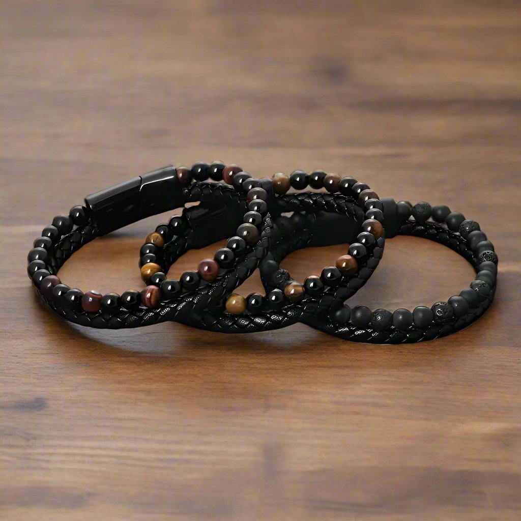 Leather Bracelet - Red Tigereye And Onyx