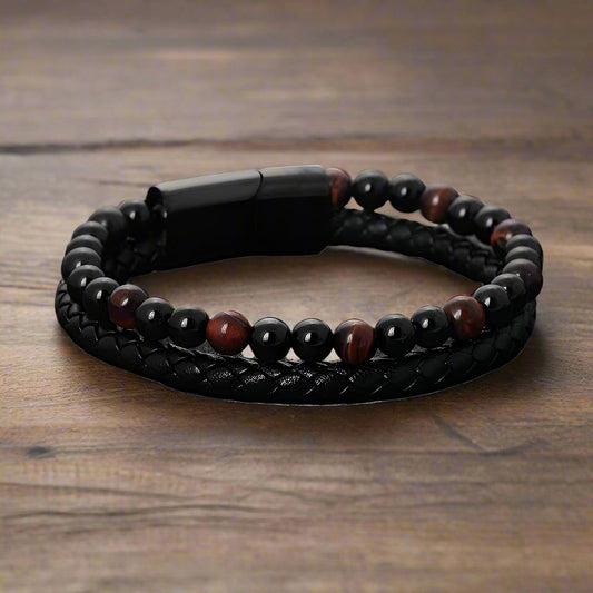 Leather Bracelet - Red Tigereye And Onyx