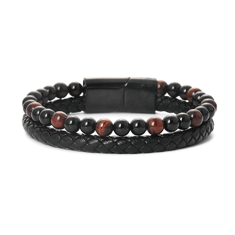 Leather Bracelet - Red Tigereye And Onyx