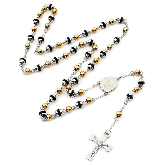 Rosary - Two-Tone Steel Rosary Necklace with Rubber Accents