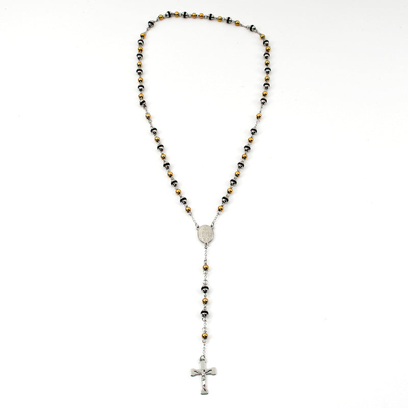 Rosary - Two-Tone Steel Rosary Necklace with Rubber Accents