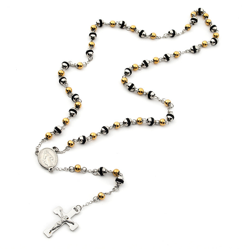 Rosary - Two-Tone Steel Rosary Necklace with Rubber Accents