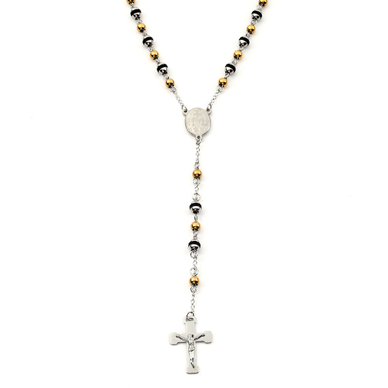 Rosary - Two-Tone Steel Rosary Necklace with Rubber Accents