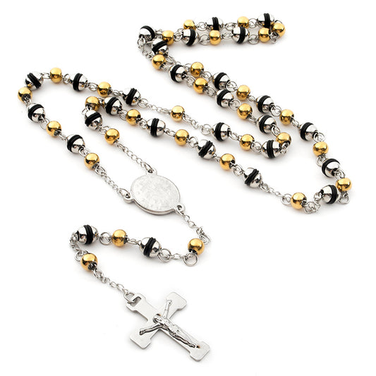 Rosary - Two-Tone Steel Rosary Necklace with Rubber Accents