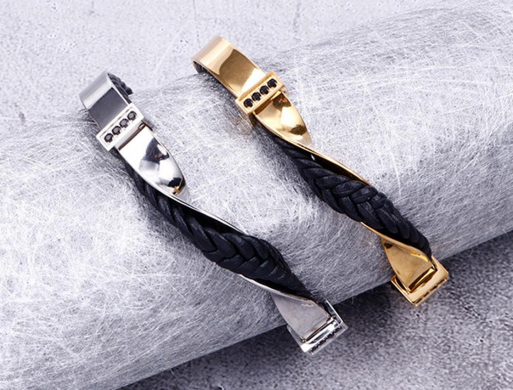 Leather Bracelet - Leather and Gold-Plated Twist Cuff Bracelet