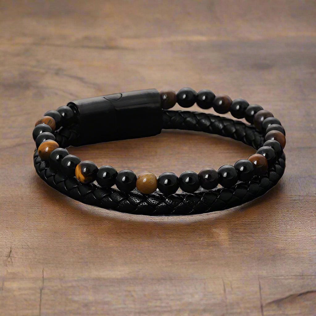 Leather Bracelet - Tigereye and Onyx