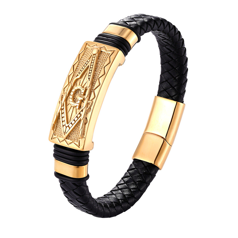 Leather Bracelets - Black Full Grain Cowhide Leather with Gold Plated Mason Steel Accent