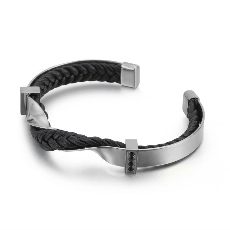 Leather Bracelet - Leather and Steel Twist Cuff Bracelet