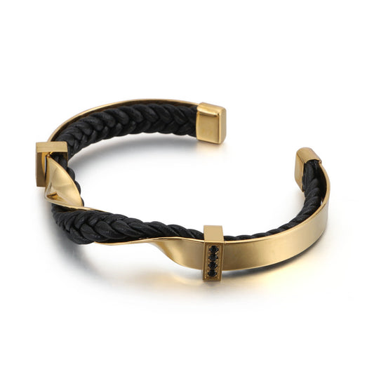 Leather Bracelet - Leather and Gold-Plated Twist Cuff Bracelet