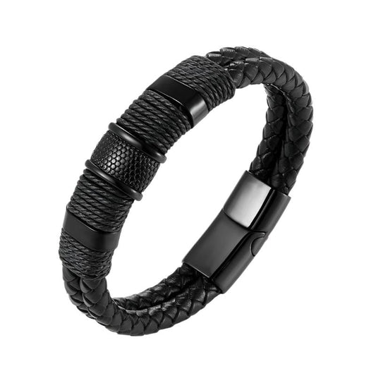 Leather Bracelet - Braided Cowhide Leather with Black Plated Surgical Steel Accents