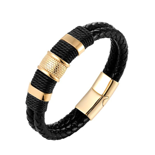 Leather Bracelet -Braided Cowhide Leather with Gold Plated Surgical Steel Accents