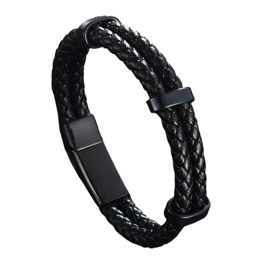 Leather Bracelet - Black PU Leather Cord Bracelet with Steel