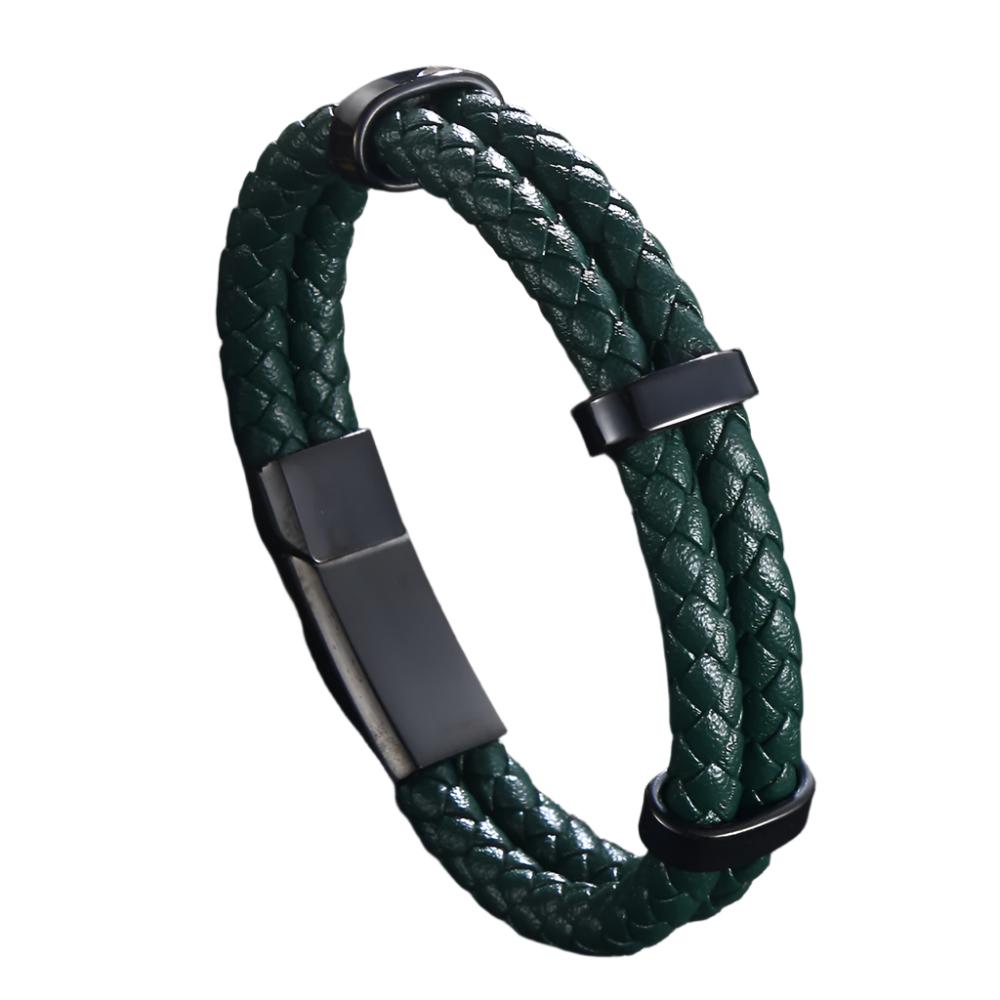 Leather Bracelet - Green PU Leather Cord Bracelet with Steel