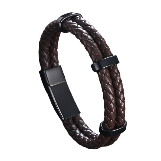 Leather Bracelet - Brown PU Leather Cord Bracelet withSteel