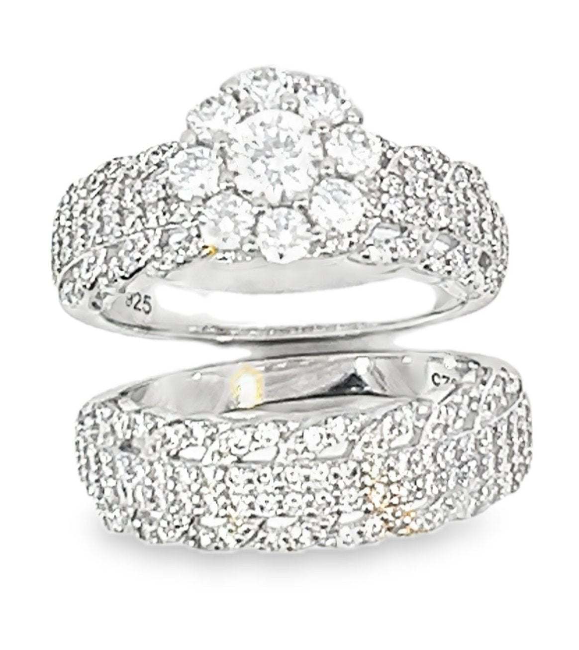 Ring Silver - Flower Halo Engagement and Band Set