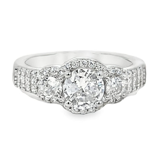 Ring Silver - Three Stone Cubic Zirconia Halo Engagement with Matching Band