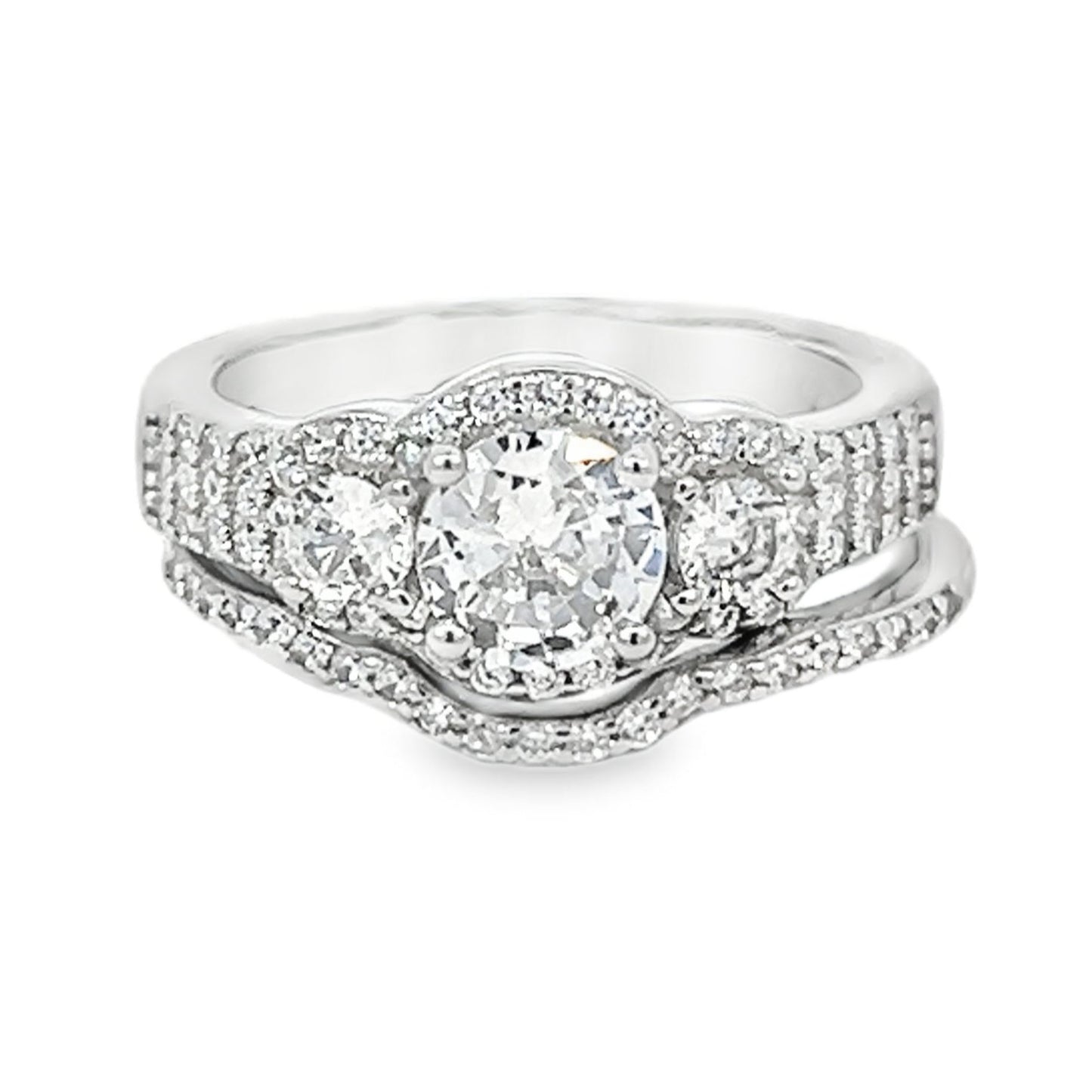 Ring Silver - Three Stone Cubic Zirconia Halo Engagement with Matching Band