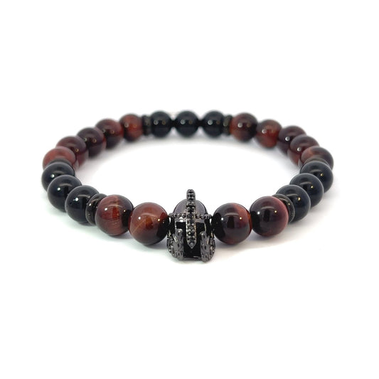 Bead Bracelet - Red Tiger and Onyx with Gladiator Helmet