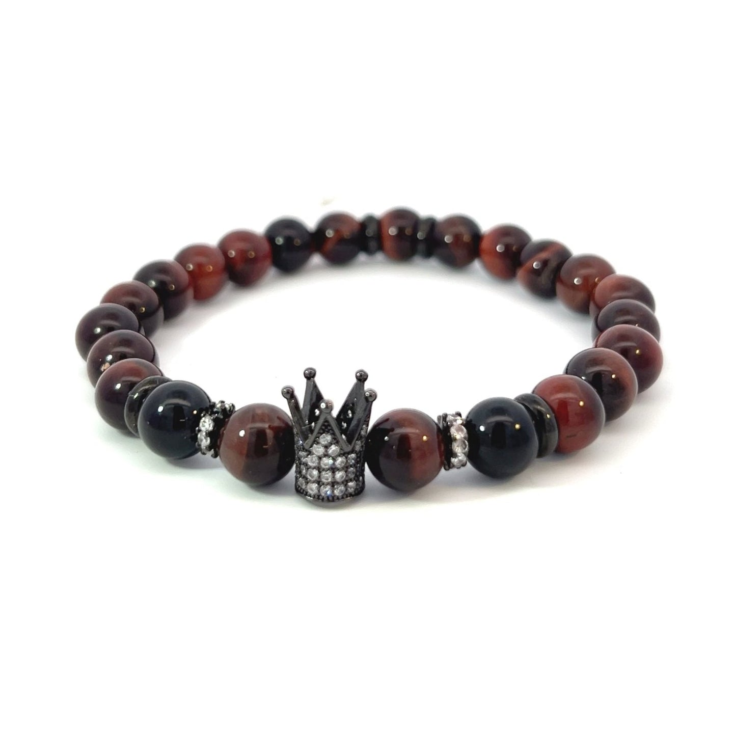 Bead Bracelet - Red Tiger Eye and Onyx with Pave Crown