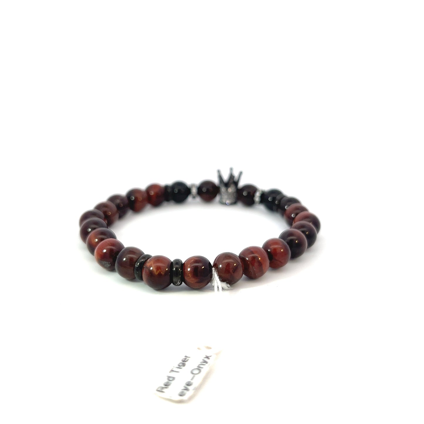 Bead Bracelet - Red Tiger Eye and Onyx with Pave Crown