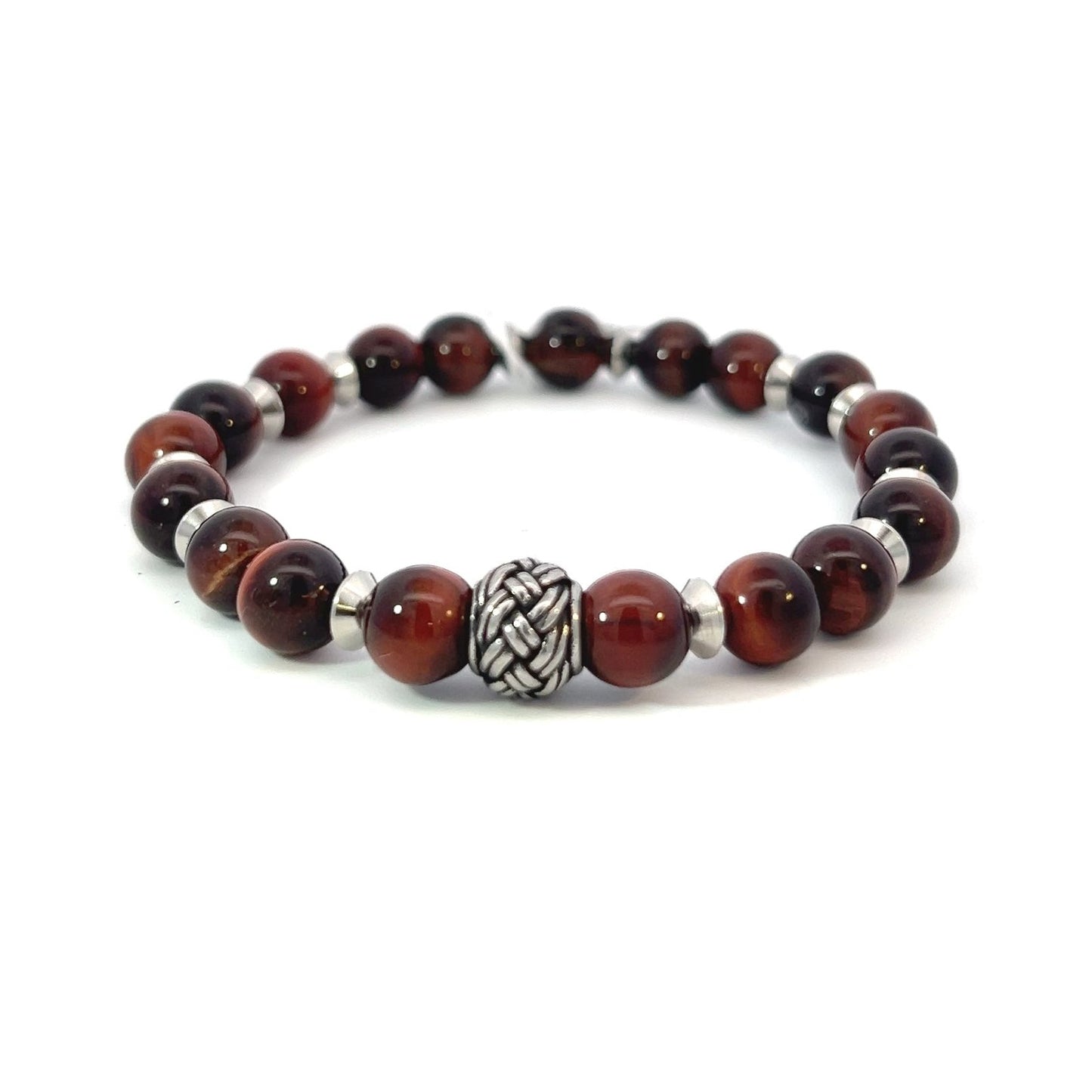 Bead Bracelet - Red Tiger Eye with Metal Weave Bead