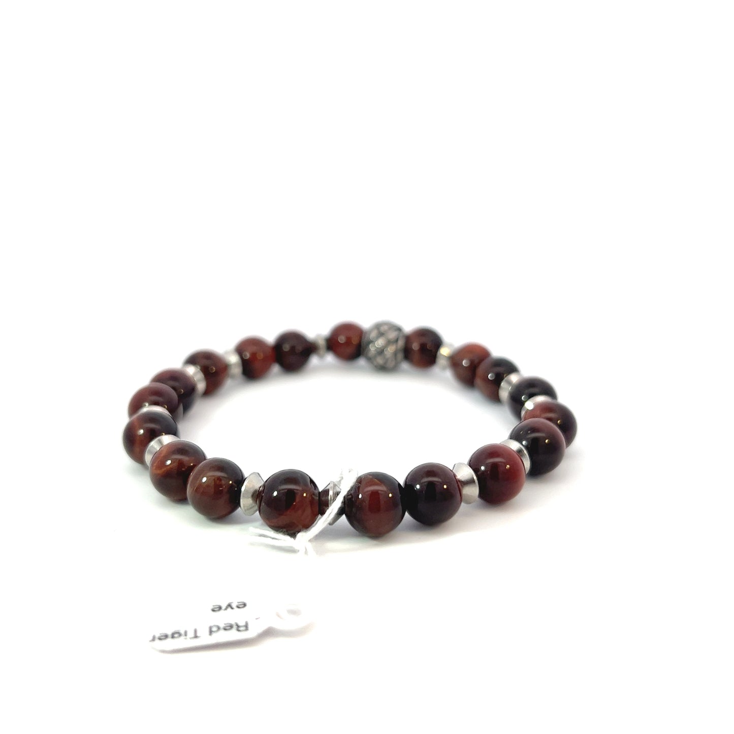 Bead Bracelet - Red Tiger Eye with Metal Weave Bead