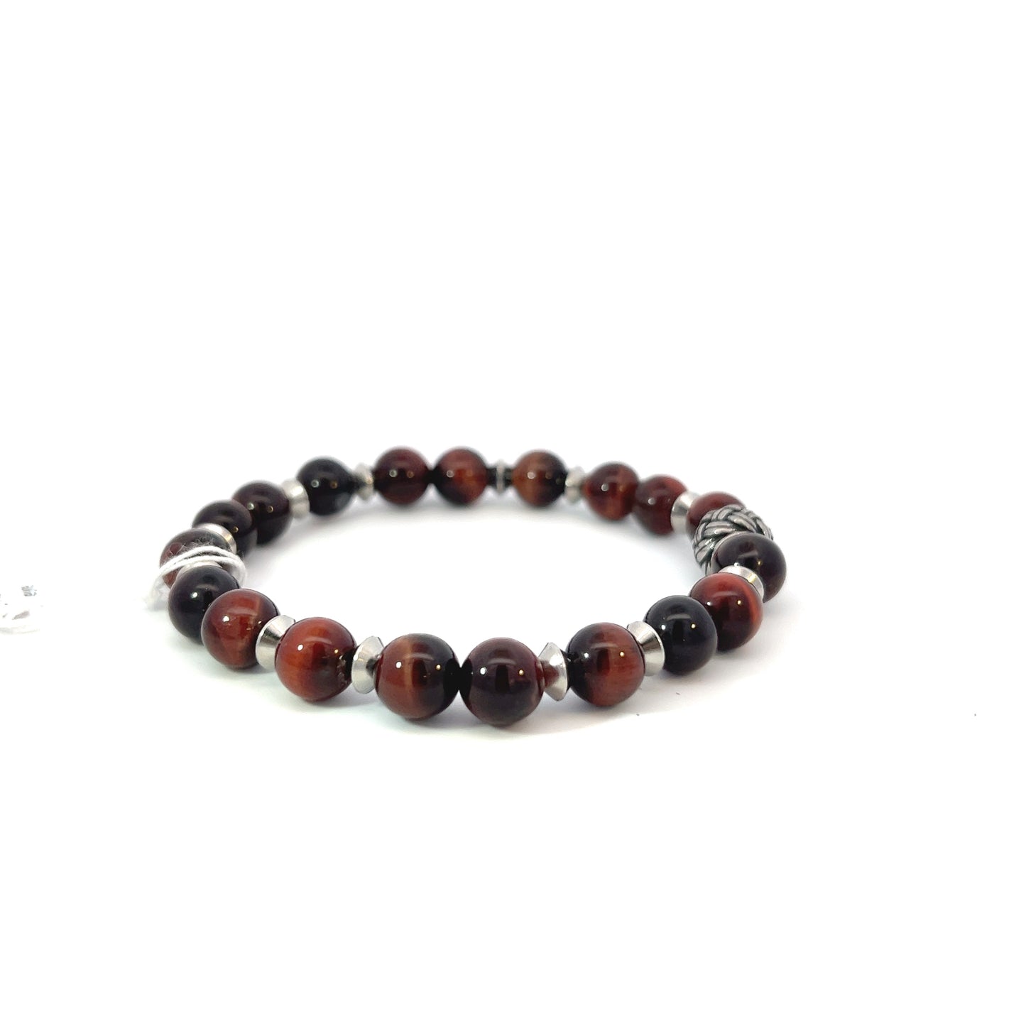 Bead Bracelet - Red Tiger Eye with Metal Weave Bead