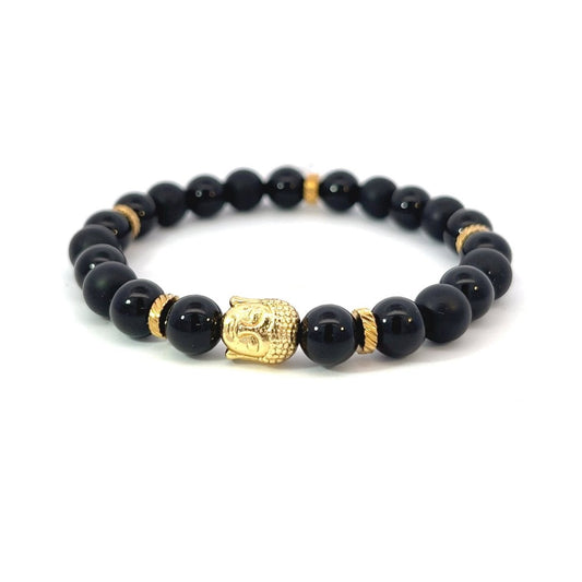 Bead Bracelet - Onyx and Gold Plated Spacers with Gold Plate Buddha