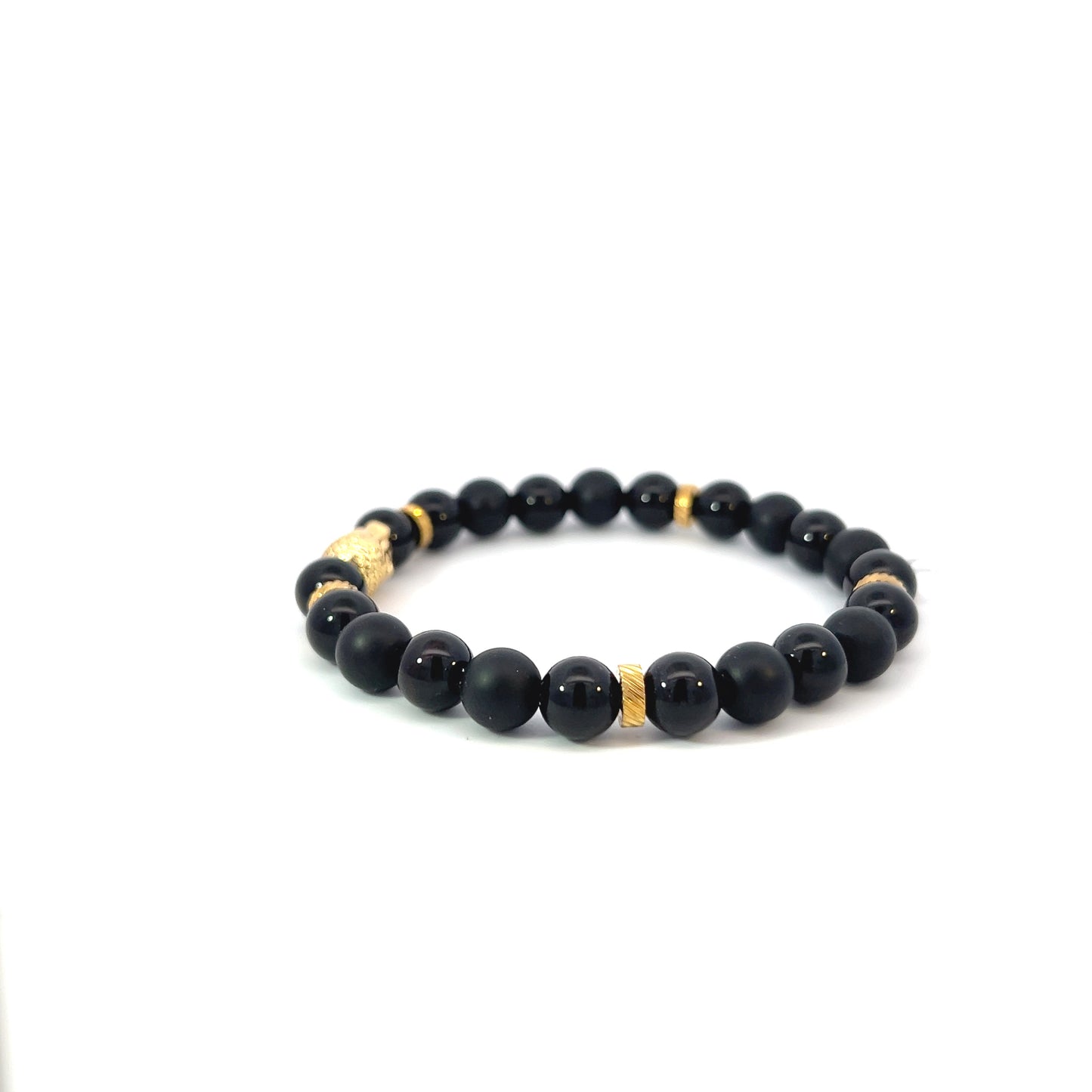 Bead Bracelet - Onyx and Gold Plated Spacers with Gold Plate Buddha