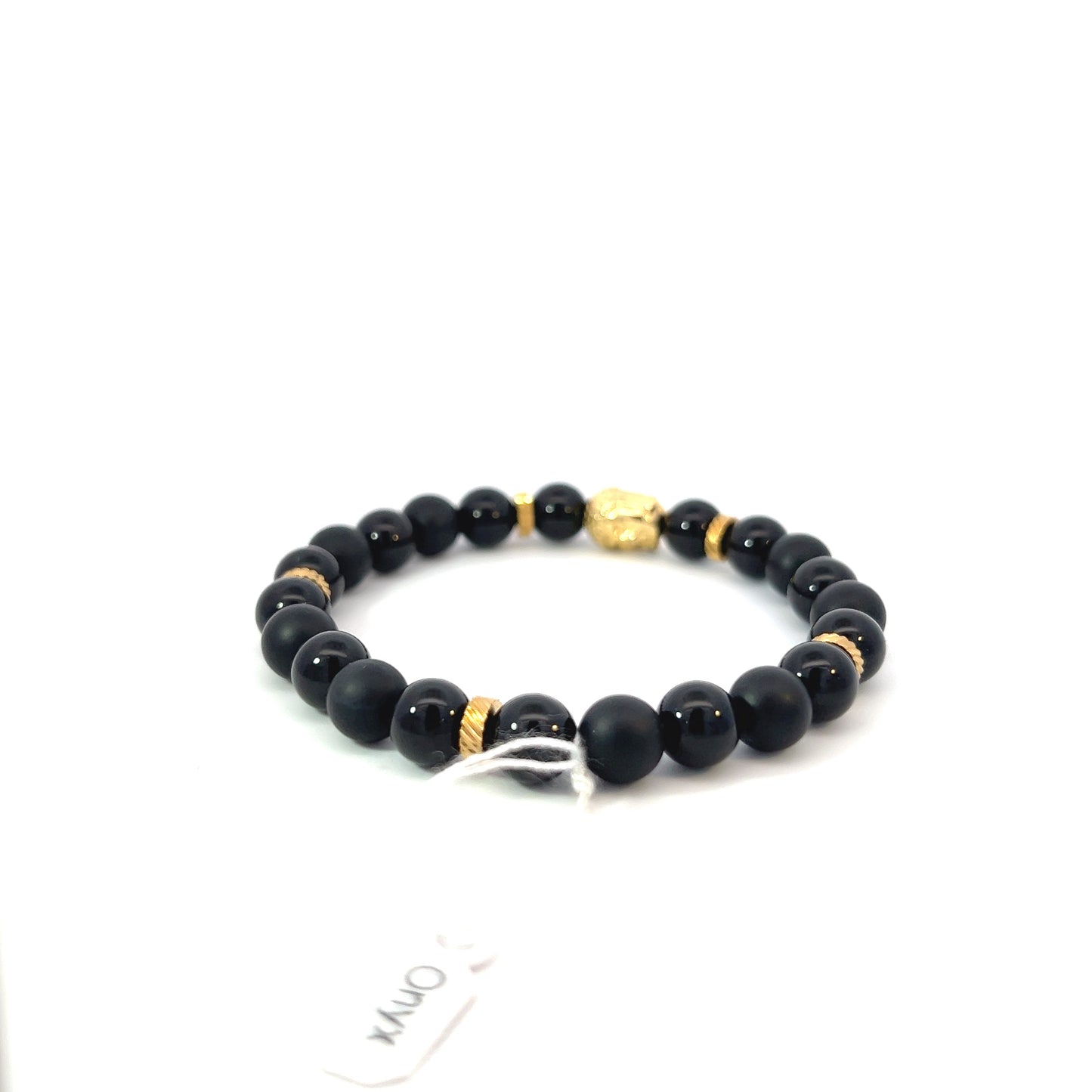 Bead Bracelet - Onyx and Gold Plated Spacers with Gold Plate Buddha