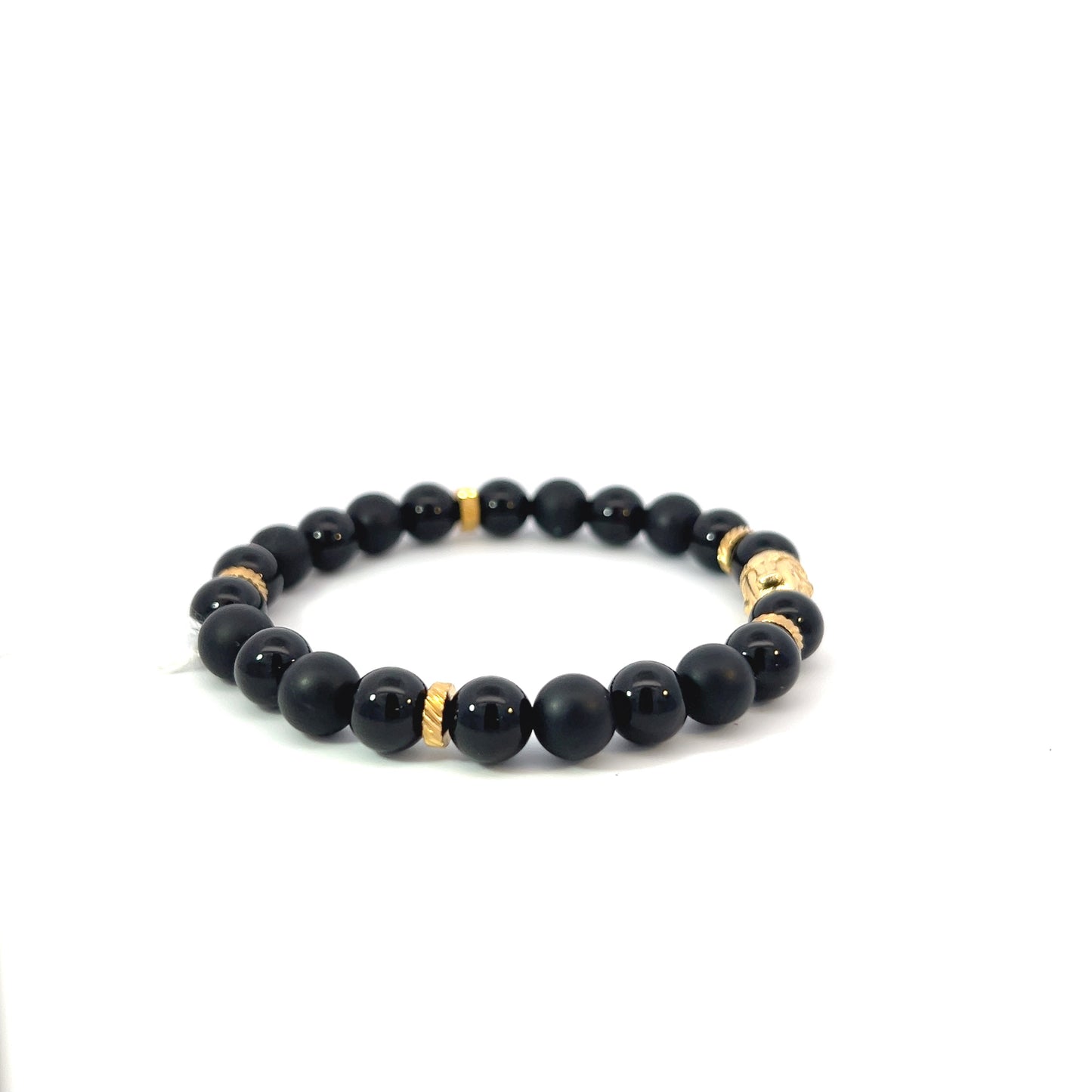 Bead Bracelet - Onyx and Gold Plated Spacers with Gold Plate Buddha